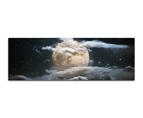 Wandbild auf Leinwand als Panorama in 150x50cm Vollmond Wolken Himmel Sterne Nacht