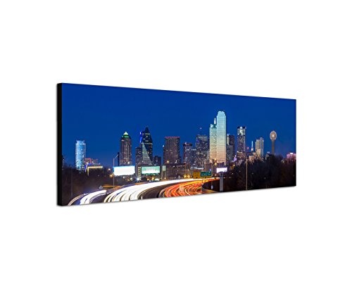 Wandbild auf Leinwand als Panorama in 150x50cm Texas Skyline Straße Lichtspuren Nacht
