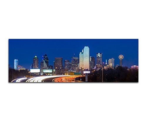 Wandbild auf Leinwand als Panorama in 150x50cm Texas Skyline Straße Lichtspuren Nacht