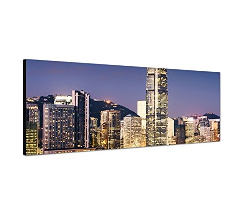 Wandbild auf Leinwand als Panorama in 150x50cm Hongkong Gebäude modern Nacht Lichter