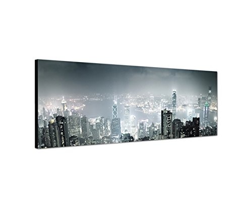 Wandbild auf Leinwand als Panorama in 150x50cm Hongkong Wolkenkratzer Nacht Lichter