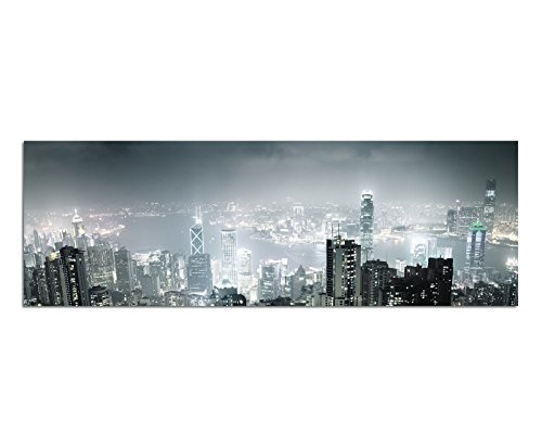 Wandbild auf Leinwand als Panorama in 150x50cm Hongkong Wolkenkratzer Nacht Lichter