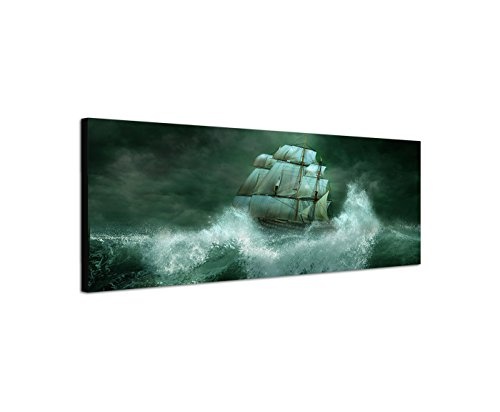 Wandbild auf Leinwand als Panorama in 150x50cm Meer Wellen Sturm Segelschiff Nacht