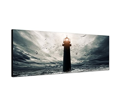 Wandbild auf Leinwand als Panorama in 150x50cm Meer Sturm Wellen Leuchtturm Vögel