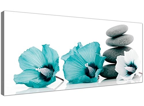 Large Canvas Pictures of Teal Flowers and Grey Pebbles - Turquoise Floral Wall Art - 1072 - WallfillersÃÂ® by Wallfillers
