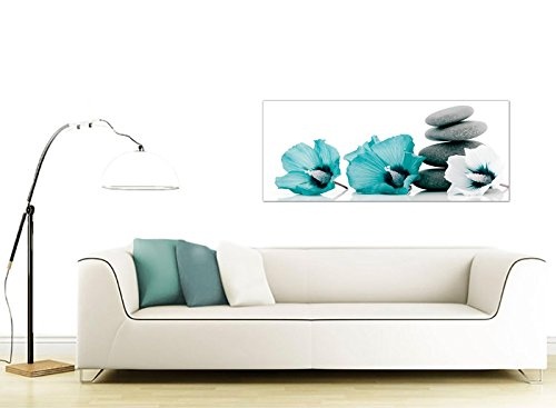 Large Canvas Pictures of Teal Flowers and Grey Pebbles -...