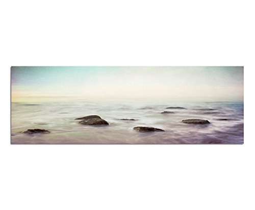 Wandbild auf Leinwand als Panorama in 150x50cm Ozean Nebel Dunst Steine Vintage