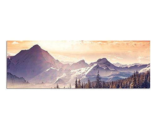 Wandbild auf Leinwand als Panorama in 150x50cm Berge Wald Schnee Wolken Sonnenstrahlen