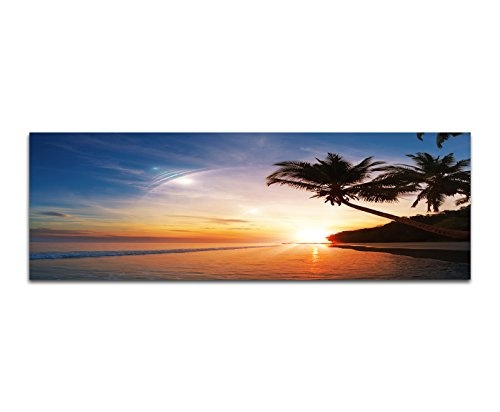 Wandbild auf Leinwand als Panorama in 150x50cm Strand Meer Palmen Sonnenuntergang