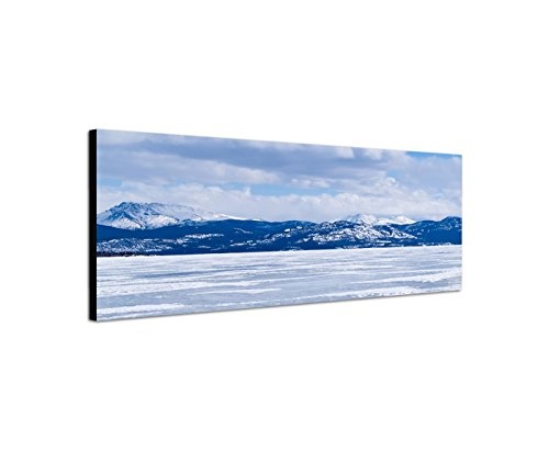 Wandbild auf Leinwand als Panorama in 150x50cm Kanada Berge See Eisschicht Schnee Wolken