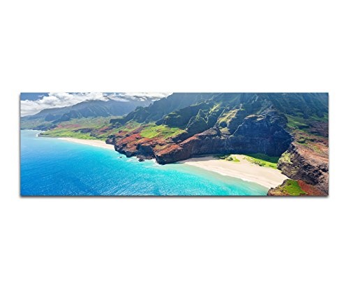 Wandbild auf Leinwand als Panorama in 150x50cm Hawaii Küste Gebirge Felsen Strand Meer