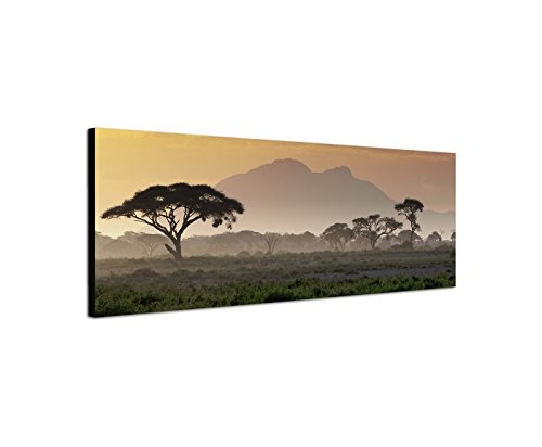 Wandbild auf Leinwand als Panorama in 150x50cm Afrika Wiesen Bäume Berge Sonnenuntergang