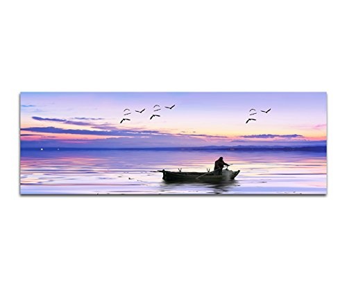 Wandbild auf Leinwand als Panorama in 150x50cm Meer Fischerboot Fischer Möwen Morgenlicht