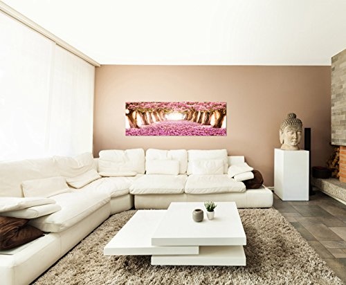 Wandbild auf Leinwand als Panorama in 150x50cm Allee Bäume Blüten Blütentunnel rosa