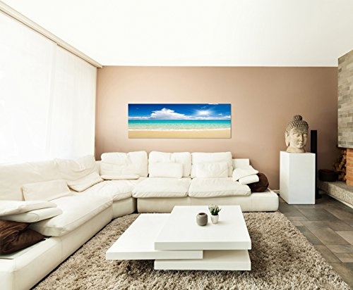 Wandbild auf Leinwand als Panorama in 150x50cm Sandstrand Meer Wolken Sonne Sommer