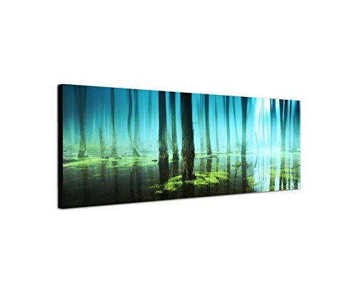 Wandbild auf Leinwand als Panorama in 150x50cm Wald Sumpf Nebel Lichtstrahlen Spiegelung