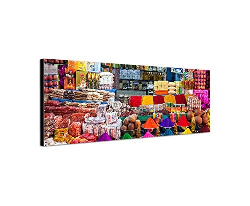 Wandbild auf Leinwand als Panorama in 150x50cm Indien Delhi Marktstand Gewürze bunt