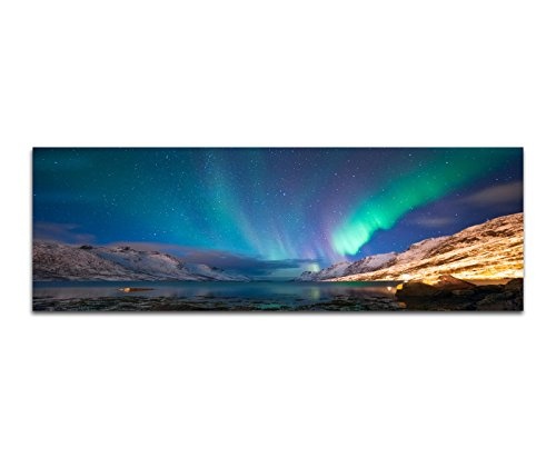 Wandbild auf Leinwand als Panorama in 150x50cm Norwegen See Berge Nacht Polarlichter