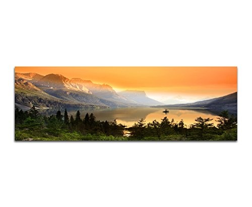 Wandbild auf Leinwand als Panorama in 150x50cm Nationalpark Bergsee Berge Wald Abendlicht