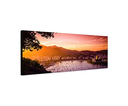 Wandbild auf Leinwand als Panorama in 150x50cm Rio De Janeiro Stadt Berge Meer Abendrot