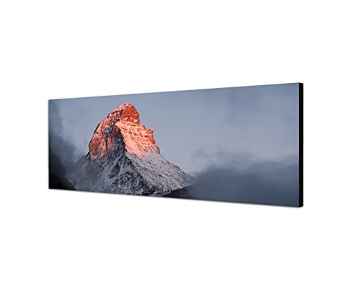 Wandbild auf Leinwand als Panorama in 150x50cm Matterhorn Gipfel Nebel Dunst Morgengrauen