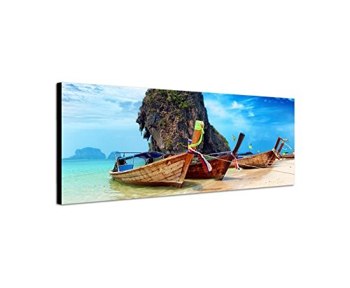 Wandbild auf Leinwand als Panorama in 150x50cm Thailand Strand Meer Felsen Boote Himmel