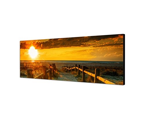Wandbild auf Leinwand als Panorama in 150x50cm Strand Dünen Steg Meer Sonnenuntergang