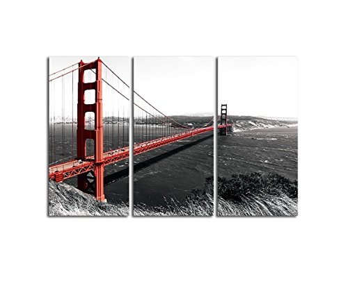 Wandbild 3-teilig Golden Gate Bridge schwarz weiss rot...