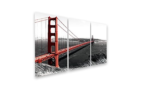 Wandbild 3-teilig Golden Gate Bridge schwarz weiss rot Eyecatcher auf Leinwand und Keilrahmen. Beste Qualität, handgefertigt in Deutschland! Gesamtmaß:120x80cm