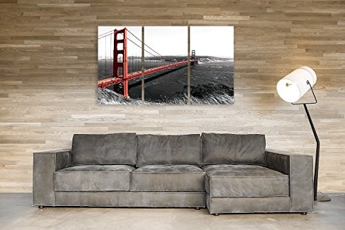Wandbild 3-teilig Golden Gate Bridge schwarz weiss rot Eyecatcher auf Leinwand und Keilrahmen. Beste Qualität, handgefertigt in Deutschland! Gesamtmaß:120x80cm