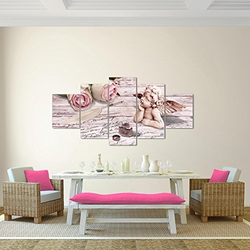 Bilder Engel Blumen Wandbild 200 x 100 cm Vlies - Leinwand Bild XXL Format Wandbilder Wohnzimmer Wohnung Deko Kunstdrucke Rosa 5 Teilig - MADE IN GERMANY - Fertig zum Aufhängen 005751b