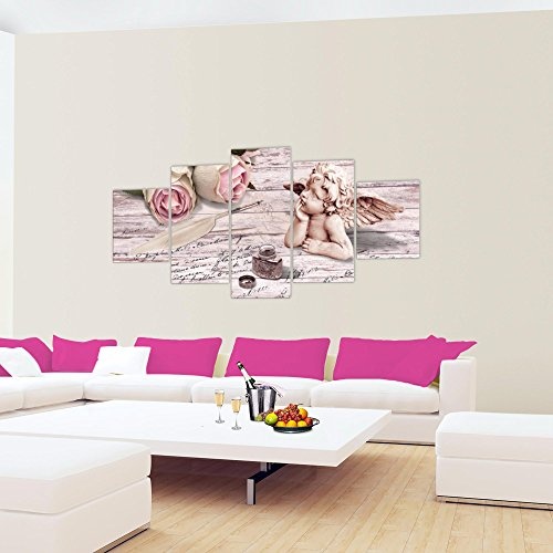 Bilder Engel Blumen Wandbild 200 x 100 cm Vlies - Leinwand Bild XXL Format Wandbilder Wohnzimmer Wohnung Deko Kunstdrucke Rosa 5 Teilig - MADE IN GERMANY - Fertig zum Aufhängen 005751b