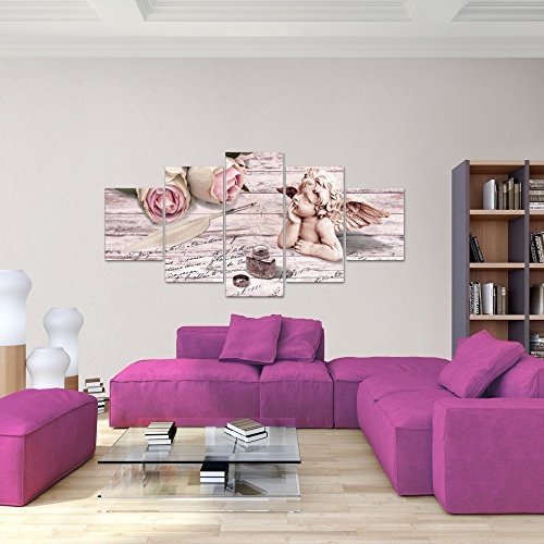 Bilder Engel Blumen Wandbild 200 x 100 cm Vlies - Leinwand Bild XXL Format Wandbilder Wohnzimmer Wohnung Deko Kunstdrucke Rosa 5 Teilig - MADE IN GERMANY - Fertig zum Aufhängen 005751b