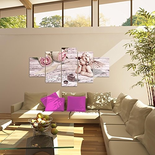 Bilder Engel Blumen Wandbild 200 x 100 cm Vlies - Leinwand Bild XXL Format Wandbilder Wohnzimmer Wohnung Deko Kunstdrucke Rosa 5 Teilig - MADE IN GERMANY - Fertig zum Aufhängen 005751b