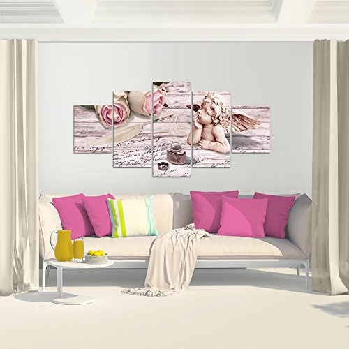 Bilder Engel Blumen Wandbild 200 x 100 cm Vlies - Leinwand Bild XXL Format Wandbilder Wohnzimmer Wohnung Deko Kunstdrucke Rosa 5 Teilig - MADE IN GERMANY - Fertig zum Aufhängen 005751b