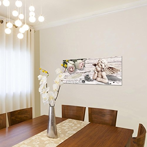 Bilder Engel Blumen Wandbild Vlies - Leinwand Bild XXL Format Wandbilder Wohnzimmer Wohnung Deko Kunstdrucke Rosa Grau 1 Teilig - MADE IN GERMANY - Fertig zum Aufhängen 005712a