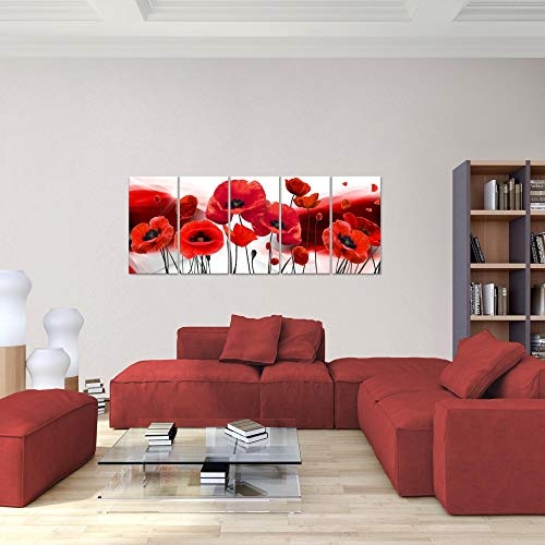 Bilder Blumen Mohnblumen Wandbild 150 x 60 cm Vlies - Leinwand Bild XXL Format Wandbilder Wohnzimmer Wohnung Deko Kunstdrucke Rot 5 Teilig - MADE IN GERMANY - Fertig zum Aufhängen 208956a