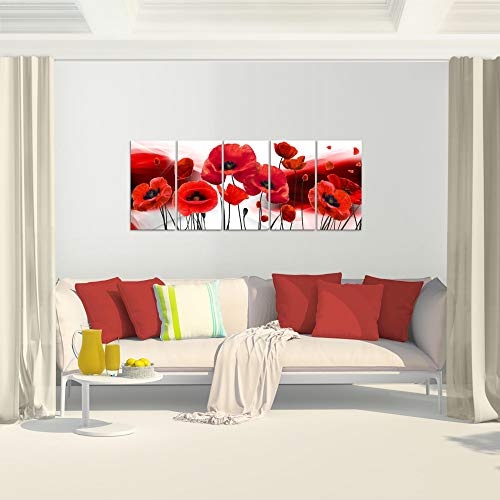 Bilder Blumen Mohnblumen Wandbild 150 x 60 cm Vlies - Leinwand Bild XXL Format Wandbilder Wohnzimmer Wohnung Deko Kunstdrucke Rot 5 Teilig - MADE IN GERMANY - Fertig zum Aufhängen 208956a