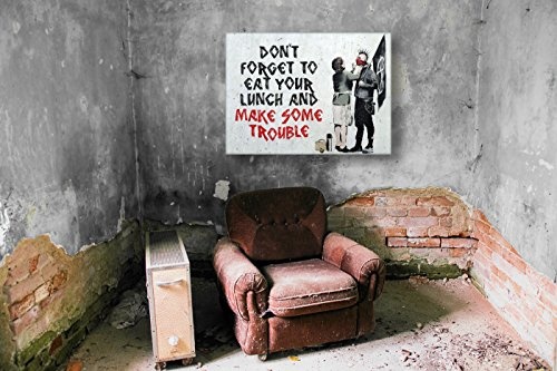 Kunstbruder Leinwandbild Like Banksy Make Some Trouble! (Div. Größen) Bild fertig auf Keilrahmen Kunstdruck auf Leinwand Wandbild Dekoration Street-Art Graffiti (80x120 cm)