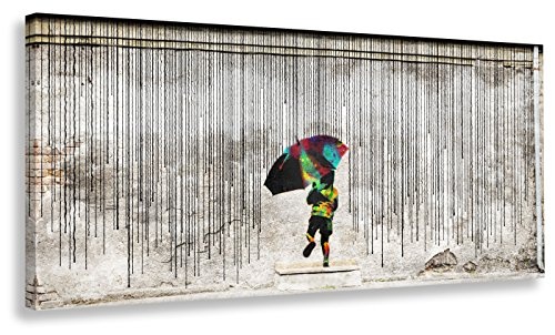 Kunstbruder Wandbild von Banksy Child In The Rain (Div. Größen) - Kunstdruck auf Leinwand/Graffiti Street-Art Leinwandbild Bild 50x120cm