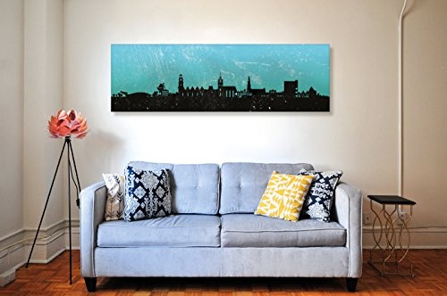 Kunstbruder Leinwandbild - Hannover Skyline - Türkis (Div. Grössen) 3D 4 cm - Kunstdruck Wandbild Zimmerbild Streetart Loungebild 50x150cm