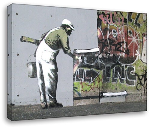 Kunstdruck auf Leinwand - Banksy vs Robbo - Bild fertig auf Keilrahmen/Wandbild Dekoration Streetart Graffiti Zimmerbild (20x30cm)