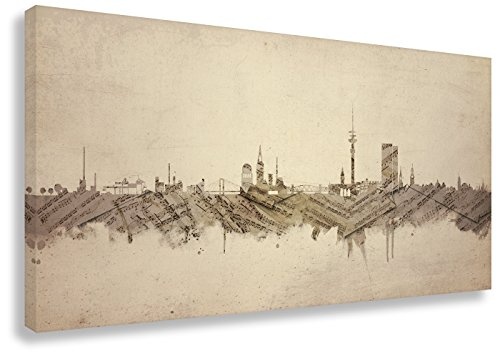 Kunstbruder Hamburg Skyline Panorama - Musiknoten (Div. Größen) 3D 4cm - Streetart Kunst Druck auf Leinwand Wandbild Zimmerbild Musikbild 100x200cm