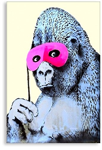 Banksy Graffiti - Gorilla - Bild fertig auf Keilrahmen! Pop Art Gemälde Kunstdruck Wandbild Dekoration Druck auf Leinwand (100x70cm)