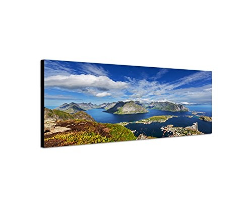 Wandbild auf Leinwand als Panorama in 150x50cm Norwegen Lofoten Berge Wasser Wolkenschleier