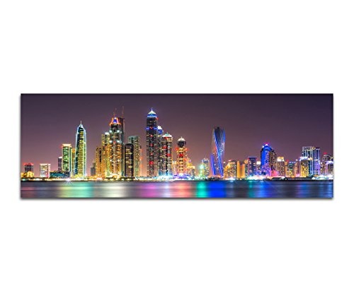 Wandbild auf Leinwand als Panorama in 150x50cm Dubai Skyline Wasser Nacht Lichter