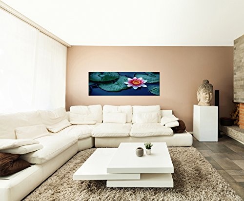 Wandbild auf Leinwand als Panorama in 150x50cm Wasser Wasserrose Blätter Tropfen