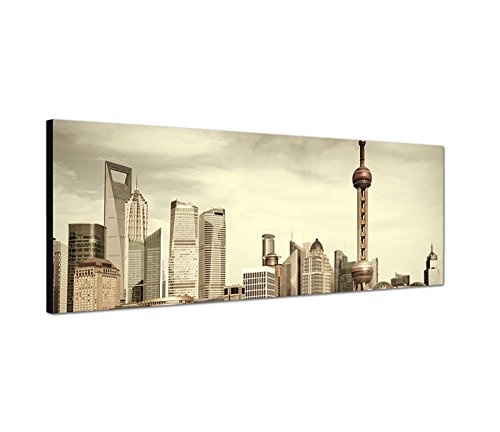 Wandbild auf Leinwand als Panorama in 150x50cm Shanghai Skyline Wasser Boot Steg