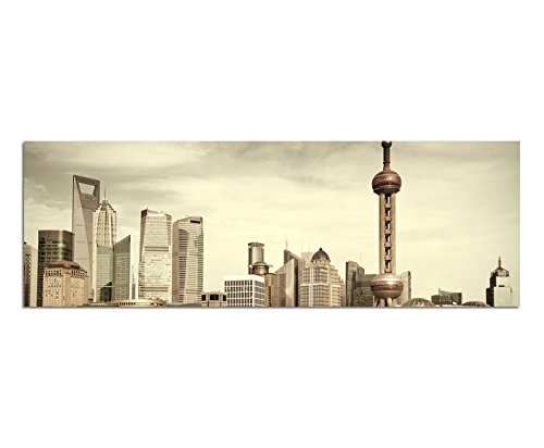 Wandbild auf Leinwand als Panorama in 150x50cm Shanghai Skyline Wasser Boot Steg