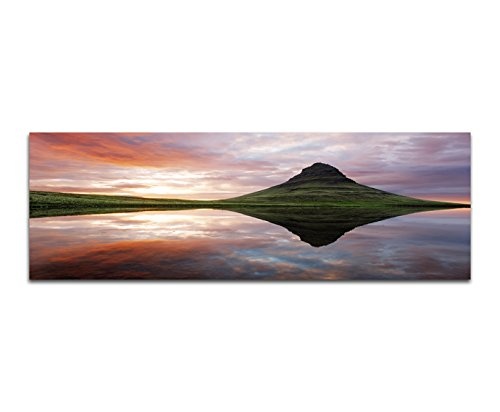 Wandbild auf Leinwand als Panorama in 150x50cm Landschaft Berge Wiese Wasser Abendlicht